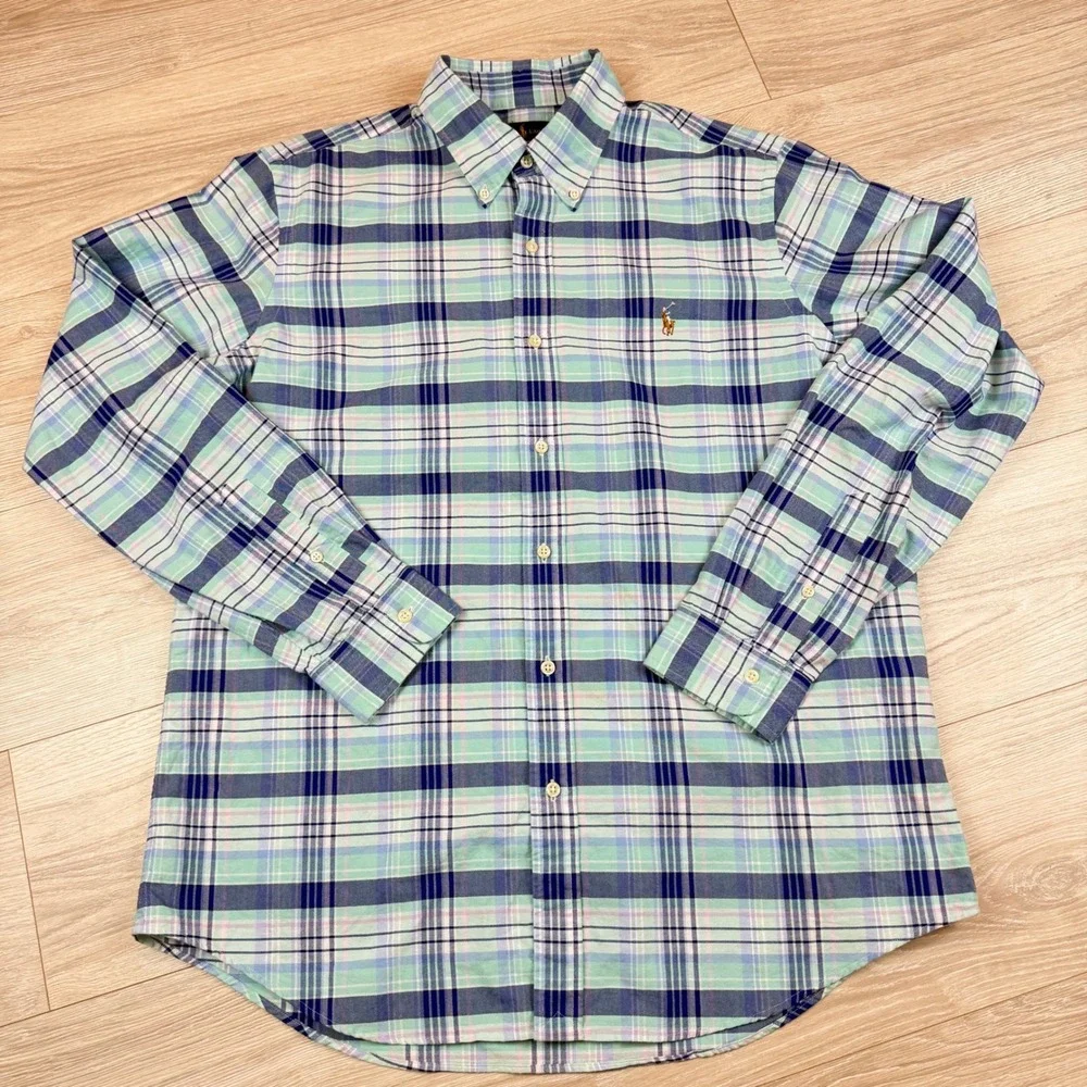 Polo Ralph Lauren Mens‎ Classic Fit Plaid Button Down Shirt Green Blue L NEW